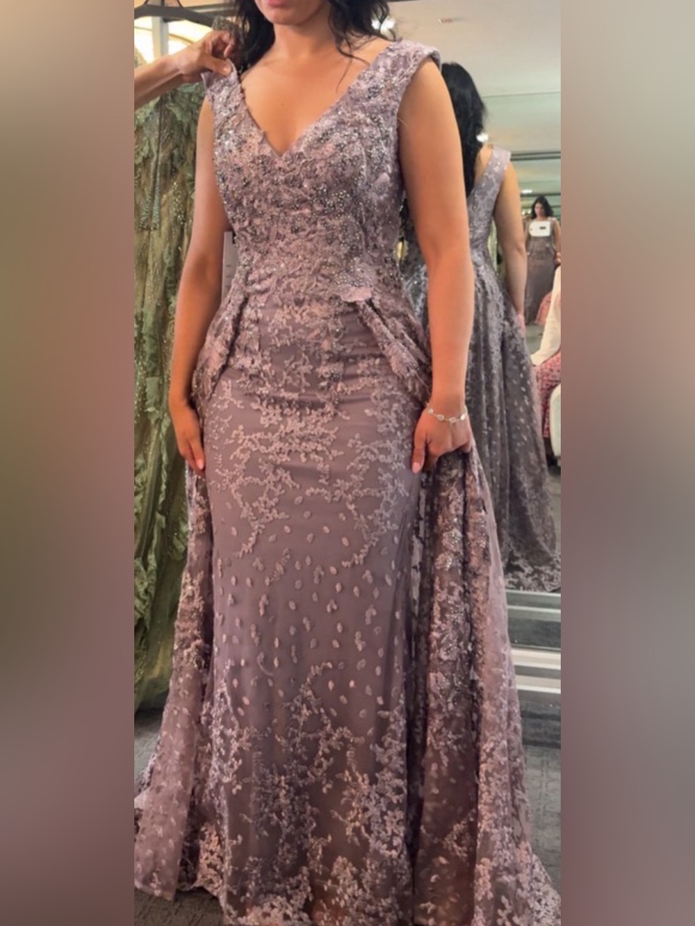 Mac Duggal Dusty Mauve Lace V-Neck Midi Dress